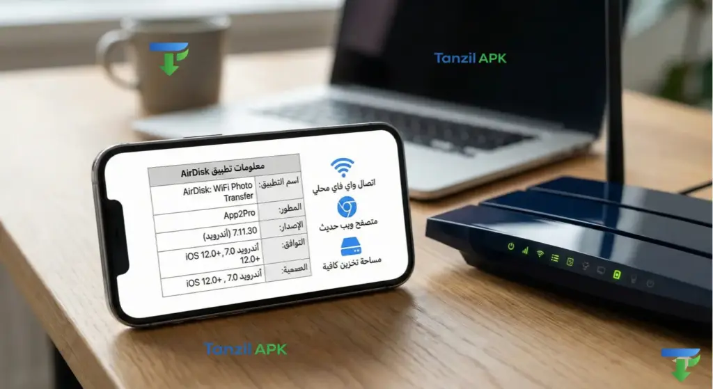 جدول معلومات تطبيق AirDisk التقنية ومتطلبات التشغيل على أجهزة الأندرويد والآيفون بجانب جهاز راوتر واي فاي.