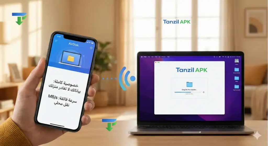 صورة توضح عملية نقل الملفات لاسلكياً باستخدام تطبيق AirDisk بين هاتف ذكي وجهاز كمبيوتر عبر شبكة WiFi المحلية بسرعة وخصوصية تامة.