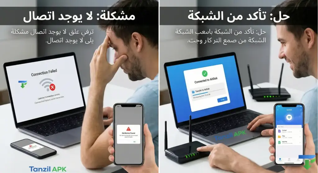 رسم توضيحي مقسم يظهر في الجهة اليسرى مشكلة "فشل الاتصال" (Connection Failed) في تطبيق AirDisk على الكمبيوتر والهاتف، وفي الجهة اليمنى الحل عن طريق التأكد من عمل جهاز الراوتر وشبكة الواي فاي بنجاح.