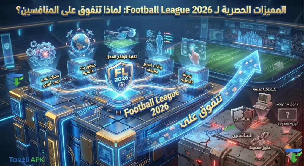 تصميم 3D يوضح المميزات الحصرية للعبة Football League 2026 وتفوقها التقني على المنافسين من حيث الجرافيك ومحرك اللعب.