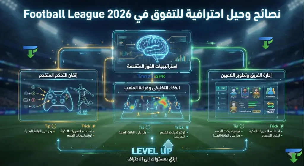 انفوجرافيك يوضح أهم نصائح وحيل لعبة Football League 2026: 1. إتقان التحكم المتقدم، 2. استراتيجيات الفوز، 3. الذكاء التكتيكي، 4. إدارة الفريق وتطوير اللاعبين.