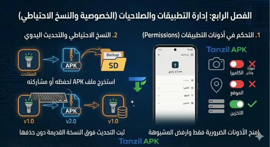 شرح كيفية إدارة أذونات التطبيقات وعمل نسخ احتياطي لملفات APK وتحديثها يدوياً