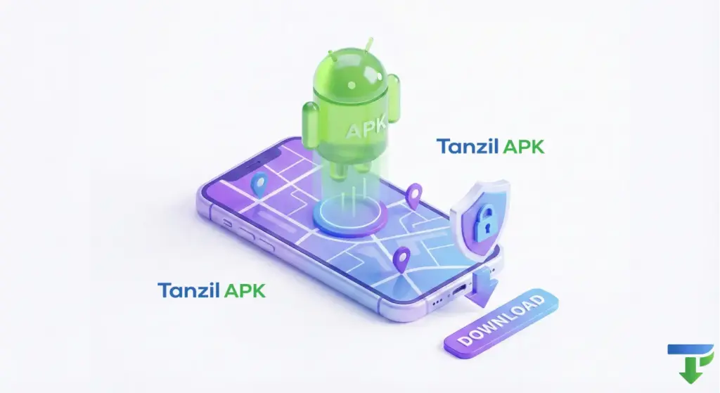 رسم توضيحي ثلاثي الأبعاد يظهر خطوات تحميل وتثبيت ملف APK لتطبيق وديني بشكل آمن على هاتف أندرويد، مع أيقونة الحماية وزر التنزيل.
