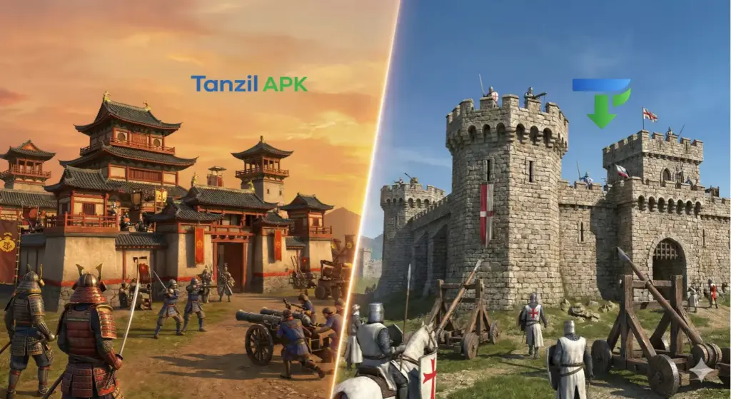 مقارنة بصرية بين لعبة صلاح الدين الجديدة (Stronghold: Warlords) بطابعها الآسيوي على اليسار، ولعبة Stronghold: Definitive Edition بطابعها الصليبي الكلاسيكي على اليمين.