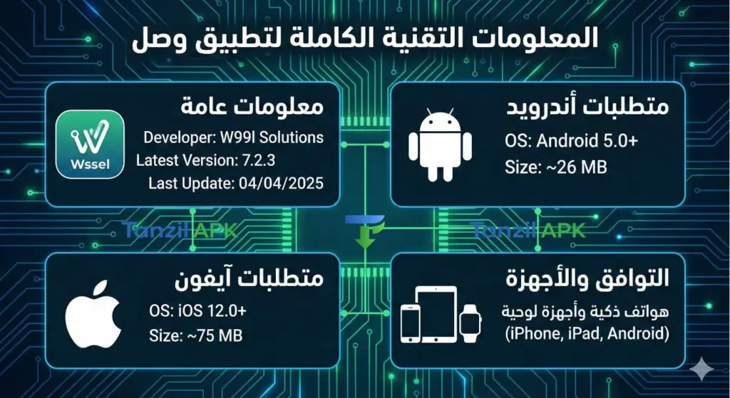 بطاقة معلومات تقنية لتطبيق وصل (Wssel) توضح المطور W99l Solutions، وتاريخ آخر تحديث في أبريل 2025، ومتطلبات التشغيل للأندرويد (5.0+) والآيفون (iOS 12.0+) بالإضافة إلى حجم التطبيق والأجهزة المتوافقة.