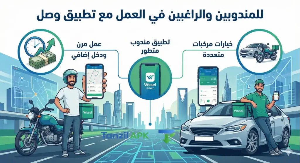 إنفوجرافيك توضيحي يظهر مميزات العمل كمندوب في تطبيق وصل (Wssel)، يعرض سائق توصيل مع سيارة وآخر مع دراجة نارية، بالإضافة إلى واجهة تطبيق السائقين ورموز تشير إلى الدخل الإضافي ومرونة ساعات العمل.
