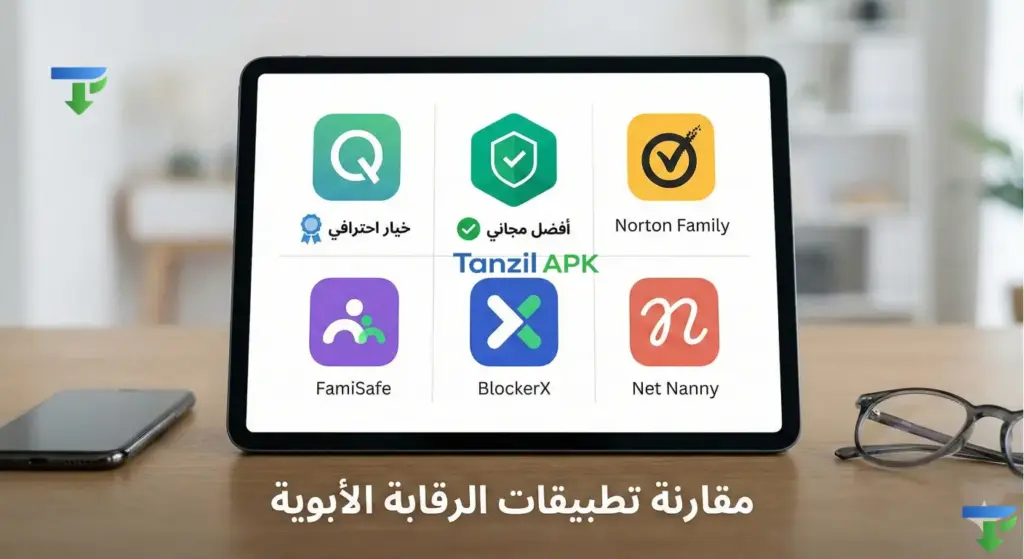 عرض توضيحي على شاشة جهاز لوحي يقارن بين أفضل 6 تطبيقات للرقابة الأبوية وحظر المواقع الإباحية. تظهر شعارات التطبيقات: Qustodio (مصنف كخيار احترافي)، Kaspersky Safe Kids (مصنف كأفضل خيار مجاني)، Norton Family، FamiSafe، BlockerX، و Net Nanny.