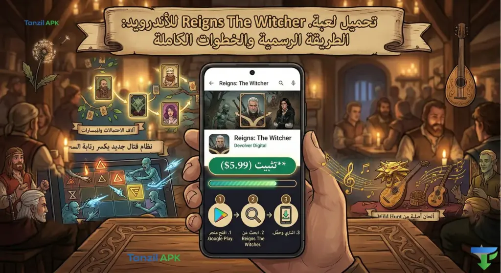 صورة توضيحية ليد تمسك بهاتف أندرويد يعرض صفحة تحميل لعبة Reigns: The Witcher على متجر Google Play. تظهر واجهة المتجر مع اسم المطور Devolver Digital، وسعر اللعبة 5.99 دولار، وزر التثبيت الأخضر مع شريط تحميل. أسفل الشاشة توجد ثلاث خطوات إرشادية مرقمة باللغة العربية: 1. افتح متجر Google Play. 2. ابحث عن Reigns The Witcher. 3. اشتري وحمّل. في الأعلى لافتة خشبية تحمل عنوان: 'تحميل لعبة Reigns The Witcher للأندرويد: الطريقة الرسمية والخطوات الكاملة'. الخلفية تظهر حانة دافئة من عالم الويتشر مليئة بالرواد.