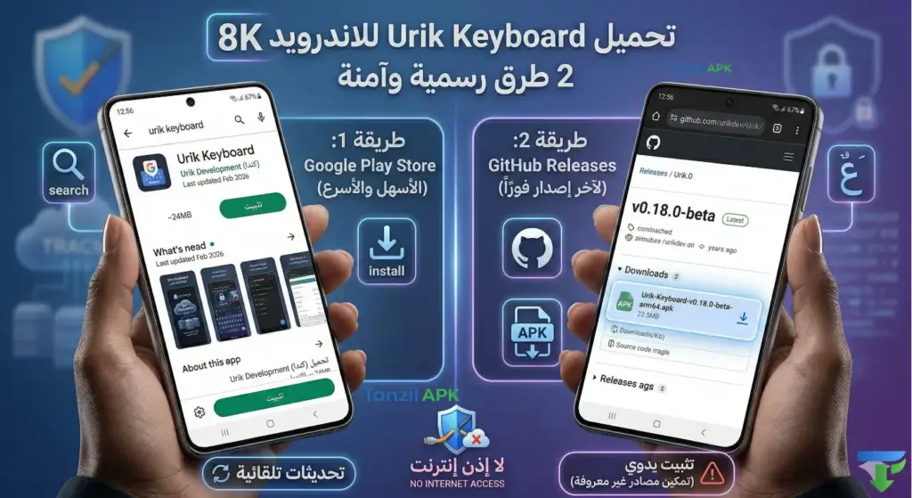 شرح الطريقتين الرسميتين والآمنتين لتحميل تطبيق Urik Keyboard للأندرويد: التثبيت المباشر عبر متجر جوجل بلاي (Google Play) أو تنزيل أحدث ملف APK من منصة جيت هاب (GitHub).