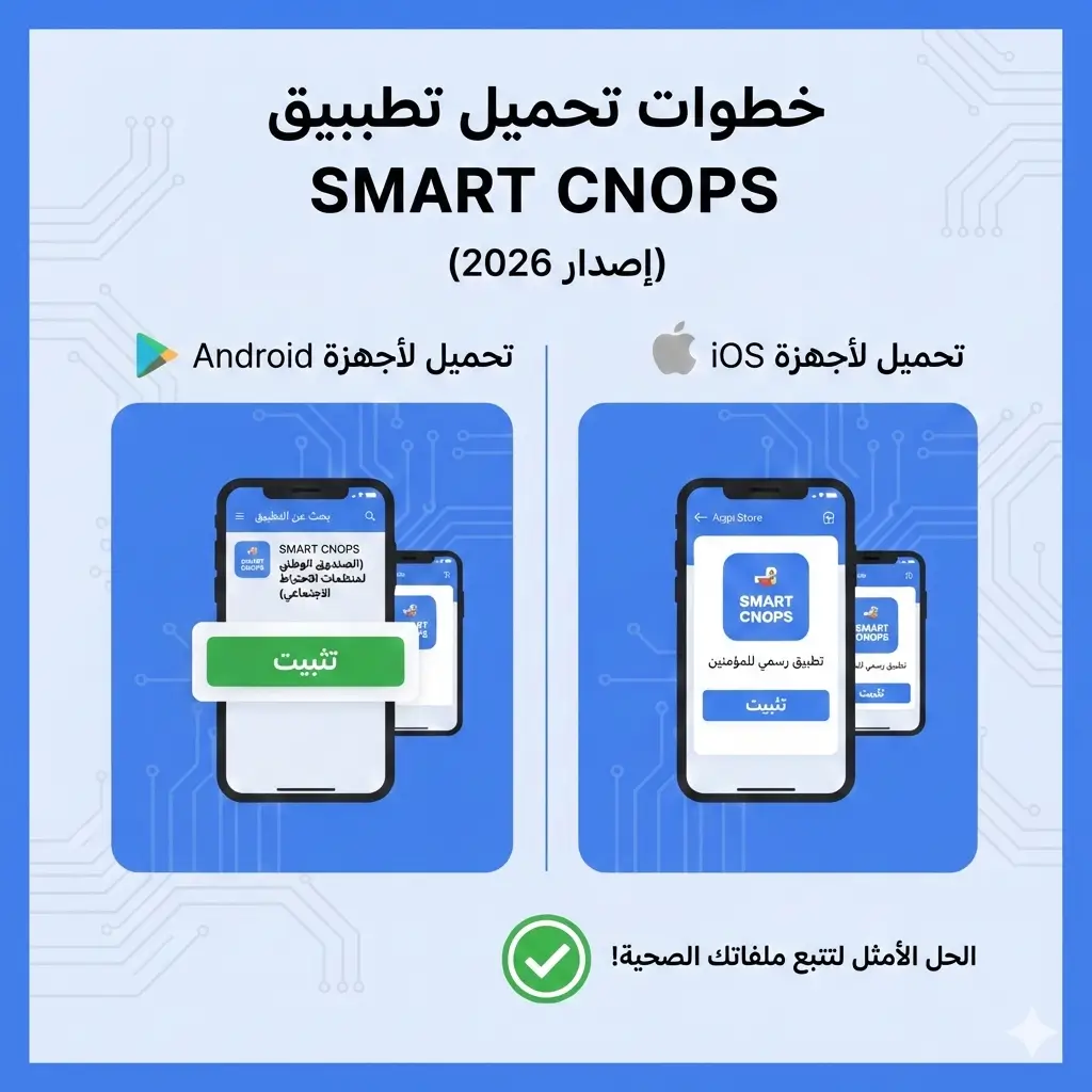 إنفوجرافيك يوضح خطوات تحميل تطبيق SMART CNOPS على أجهزة الأندرويد (Android) والآيفون (iOS) لعام 2026 مع أيقونات المتاجر الرسمية.