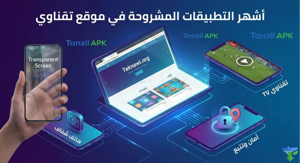 تصميم جرافيك يستعرض أشهر التطبيقات المشروحة في موقع تقناوي: تطبيق الهاتف الشفاف (Transparent Screen) في يد مستخدم، تطبيق مشاهدة المباريات والقنوات (تقناوي TV)، وتطبيقات الأمان وتتبع الموقع.