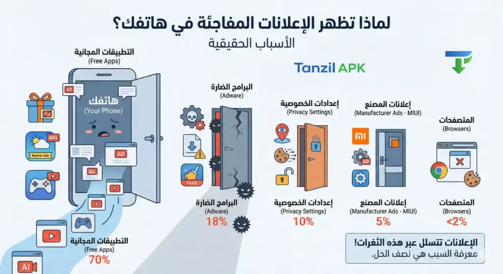 إنفوجرافيك يوضح الأسباب الحقيقية لظهور الإعلانات المفاجئة في الهاتف. يُظهر الرسم أن التطبيقات المجانية مسؤولة عن 70% من الإعلانات، تليها البرامج الضارة (Adware) بنسبة 18%، ثم إعدادات الخصوصية وإعلانات واجهة النظام مثل MIUI.