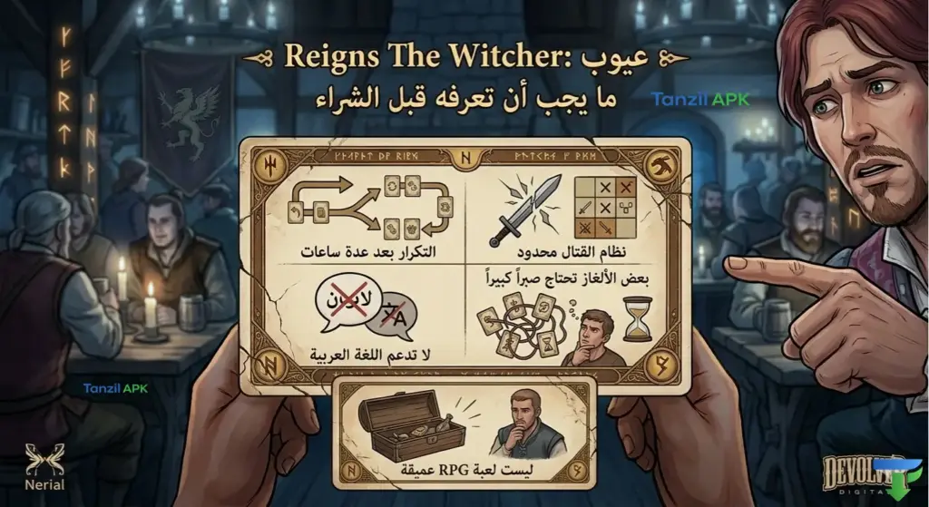 رسم توضيحي نقدي لعيوب لعبة Reigns The Witcher يظهر الشاعر داندليون بملامح قلقة ومحبطة، يشير بإصبعه إلى بطاقة لعب مشققة يمسك بها شخص من منظور الشخص الأول. البطاقة مقسمة إلى أربعة أقسام توضح السلبيات باللغة العربية مع رموز توضيحية: 'التكرار بعد عدة ساعات' مع أسهم دائرية، 'نظام القتال محدود' مع سيف مكسور، 'لا تدعم اللغة العربية' مع رمز ترجمة مشطوب، و'بعض الألغاز تحتاج صبراً كبيراً' مع بطاقات متشابكة وساعة رملية. في الأسفل بطاقة إضافية مكتوب عليها 'ليست لعبة RPG عميقة' مع صندوق كنز بسيط. في الأعلى عنوان 'Reigns The Witcher: عيوب ما يجب أن تعرفه قبل الشراء'. الخلفية لحانة ذات إضاءة خافتة زرقاء، مع شعارات نيريال وديفولفر ديجيتال.