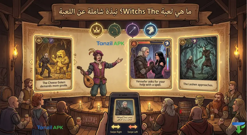 رسم توضيحي مفصل لحانة مليئة بالرواد، حيث يعتلي الشاعر داندليون منصة خشبية، يشرح أسلوب لعب Reigns: The Witcher على شاشة كبيرة خلفه. تظهر ثلاثة سيناريوهات من خلال البطاقات: جيرالت يواجه غولم الجبن، جيرالت مع ينيفر، وجيرالت يواجه الليشن. رموز المؤشرات الأربعة في الأعلى. شخص يمسك هاتفًا يظهر جيرالت، مع تعليمات سحب باللغة العربية: 'اسحب يميناً للموافقة. اسحب يساراً للرفض.' الجمهور يشاهد. شعارات Nerial، Devolver Digital، و CD PROJEKT RED مرئية.