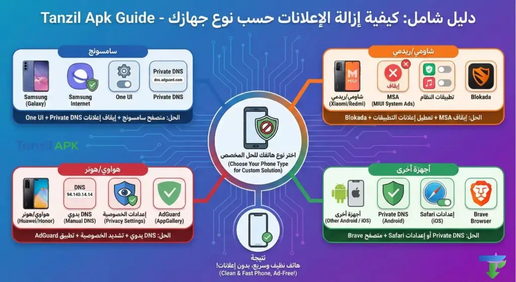 دليل شامل يوضح خطوات إزالة الإعلانات حسب نوع الهاتف: إيقاف خدمة MSA في شاومي (Redmi/MIUI)، تفعيل Private DNS في سامسونج (Samsung)، وإعداد DNS اليدوي 94.140.14.14 في هواوي (Huawei).