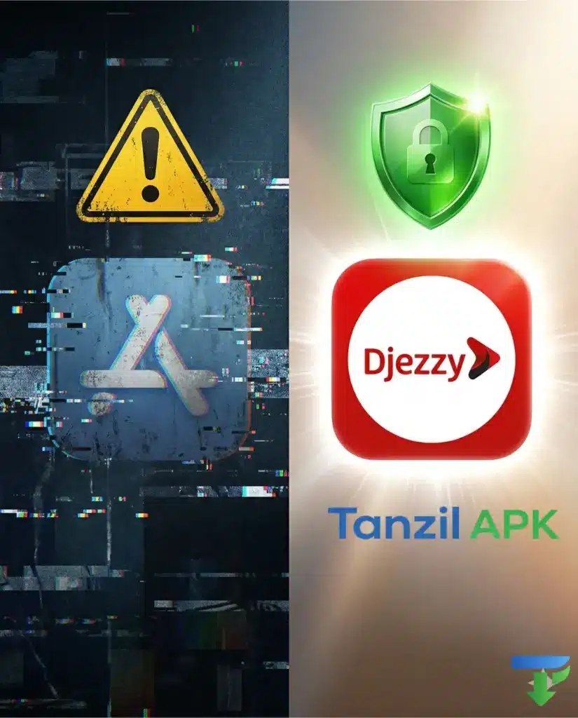 صورة مقارنة توضح الفرق بين أمان تطبيق جيزي الرسمي (Djezzy) والنسخ غير الموثوقة التي تحتوي على ثغرات أمنية، مع التركيز على درع الحماية الرقمي.