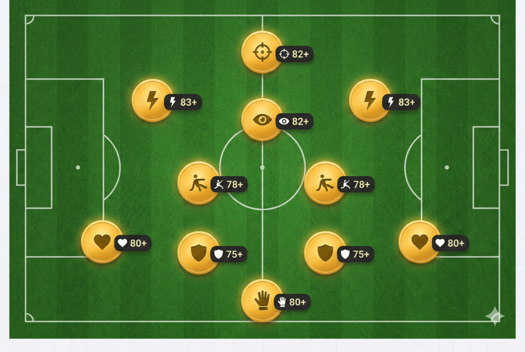 إنفوجرافيك رياضي بعرض علوي لملعب كرة قدم أخضر يوضح تشكيلة 4-2-3-1 باستخدام أيقونات ذهبية. تتضمن كل أيقونة شارة سوداء توضح السمة المطلوبة للمركز: حارس المرمى (قفاز 80+)، قلبي الدفاع (درع دفاعي 75+)، الأظهرة (قلب لياقة 80+)، محوري الارتكاز (علامة تدخل 78+)، صانع الألعاب (رمز رؤية 82+)، الأجنحة (علامة برق للسرعة 83+)، والمهاجم الصريح (علامة تصويب 82+).