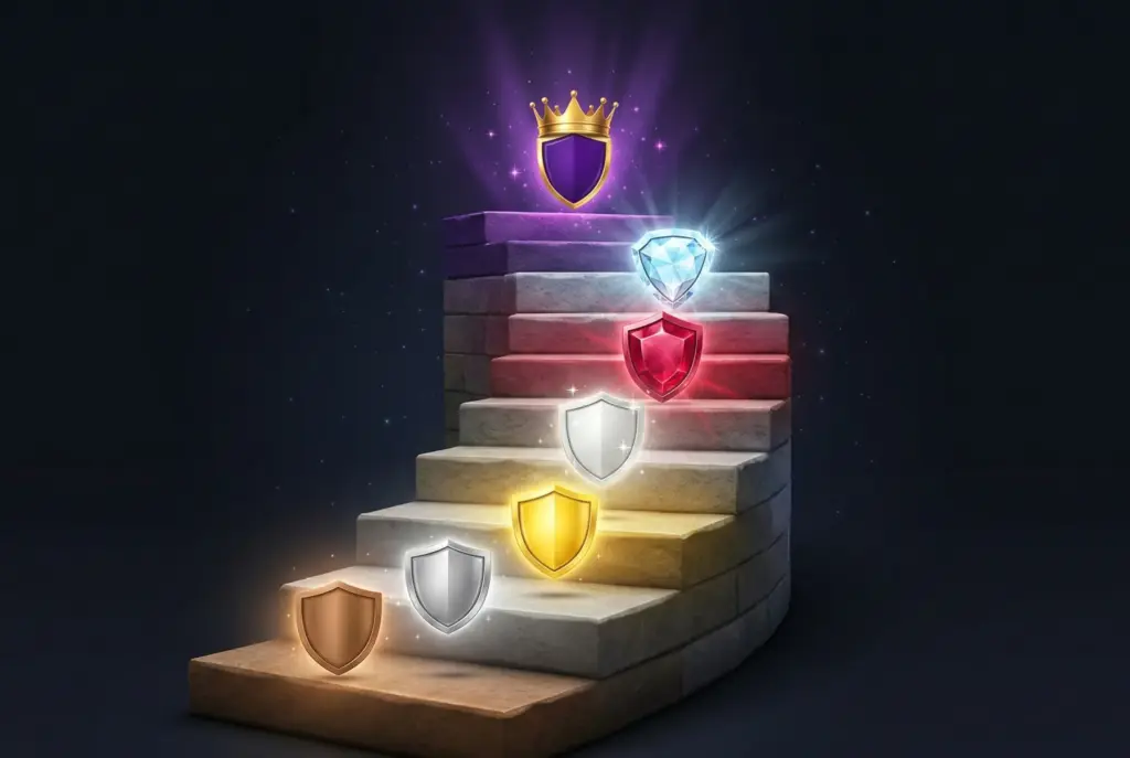 تصميم ثلاثي الأبعاد لسلم تصاعدي من 7 درجات يمثل مستويات التقييم (Ranks) في الألعاب، يحمل كل درج درعاً متوهجاً بلون مختلف (برونزي، فضي، ذهبي، بلاتيني، ياقوتي، ماسي، وأرجواني متوج) على خلفية ليلية داكنة.
