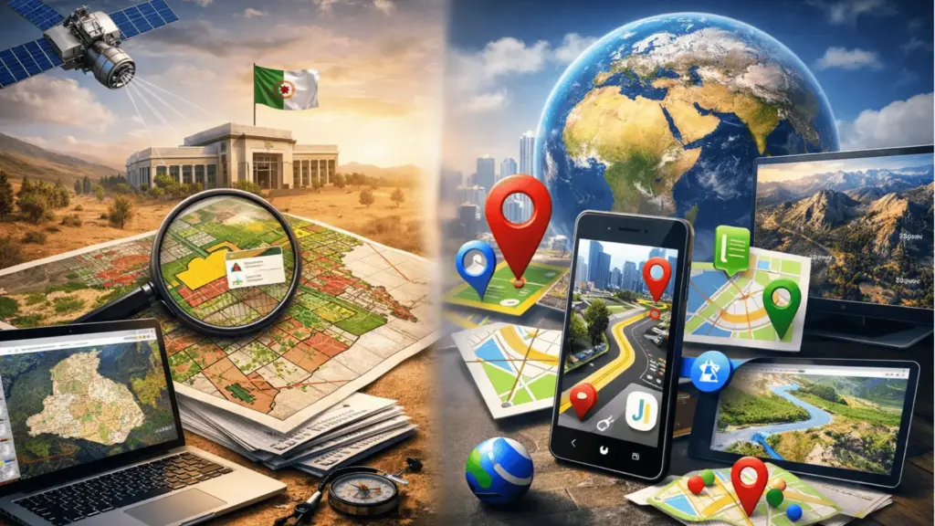 مقارنة بين البوابة الجغرافية فضاء الجزائر وتطبيقات الخرائط مثل Google Maps وGoogle Earth من حيث الدقة والبيانات العقارية