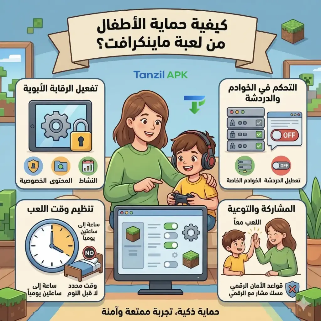 إنفوجرافيك يوضح خطوات حماية الأطفال من لعبة ماين كرافت، يبرز 4 طرق أساسية: تفعيل الرقابة الأبوية، التحكم في الخوادم والدردشة، تنظيم وقت اللعب اليومي، ومشاركة الأهل لتوعية الطفل رقمياً