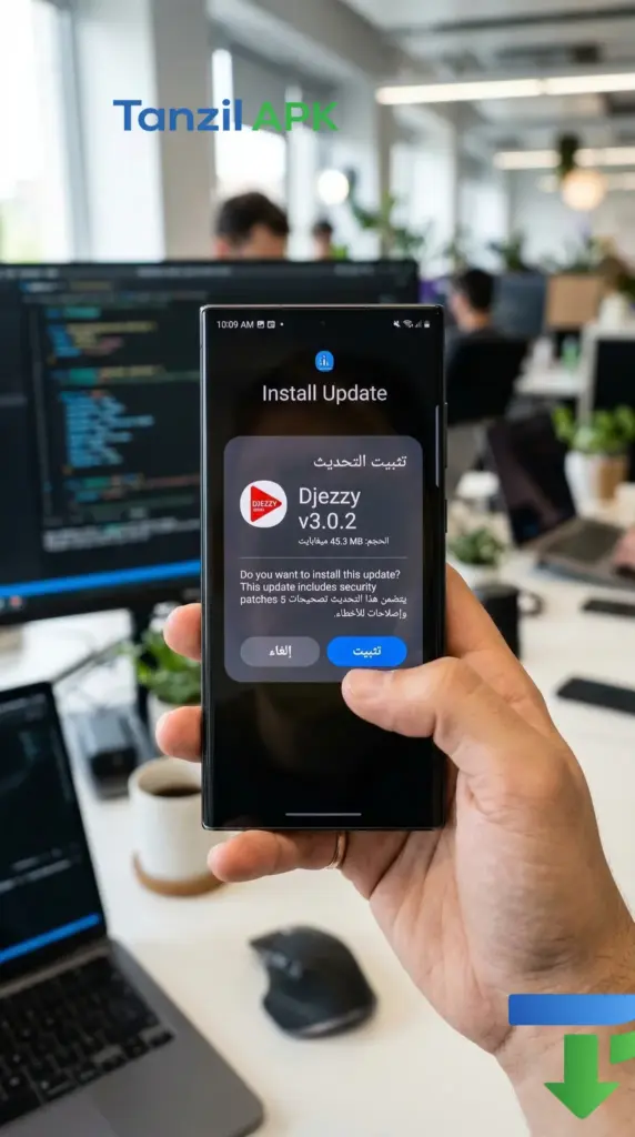 لقطة قريبة لهاتف سامسونج S23 Ultra تظهر واجهة تثبيت تحديث تطبيق جيزي Djezzy v3.0.2 الجديد على نظام أندرويد في بيئة عمل تقنية.