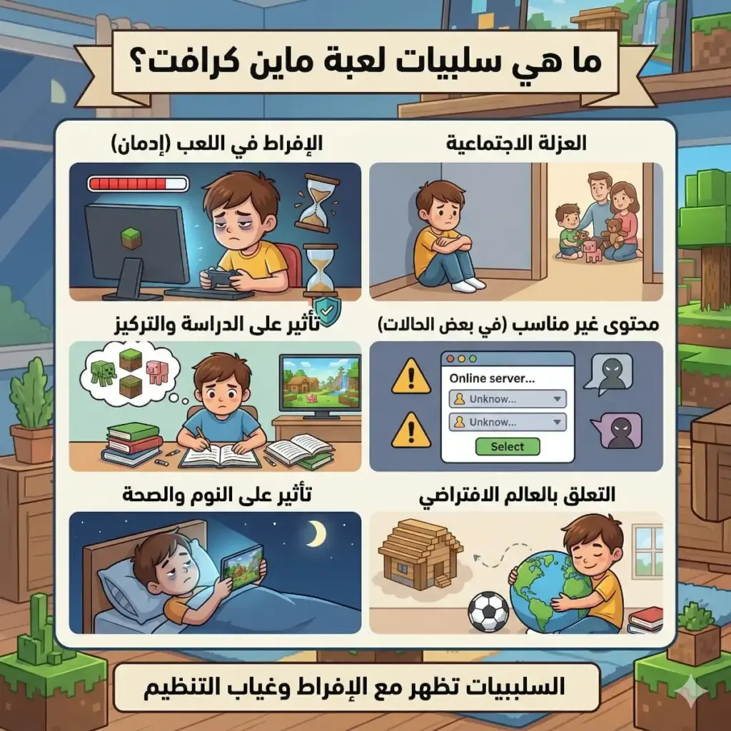 إنفوجرافيك يوضح 6 من أبرز سلبيات لعبة ماين كرافت على الأطفال عند غياب الرقابة: الإفراط وإدمان اللعب، العزلة الاجتماعية عن الأسرة، تشتت الانتباه وضعف التحصيل الدراسي، التعرض لمحتوى غير مناسب في خوادم الإنترنت، اضطرابات النوم، والتعلق الشديد بالعالم الافتراضي. مع ملاحظة أن السلبيات تظهر مع الإفراط وغياب التنظيم