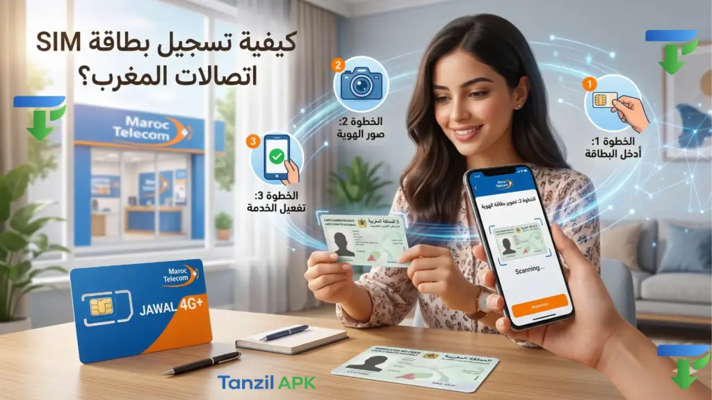 خطوات كيفية تسجيل بطاقة SIM اتصالات المغرب، حيث تقوم مستخدمة بتصوير بطاقة التعريف الوطنية (CIN) ومسح الباركود عبر تطبيق الهاتف.