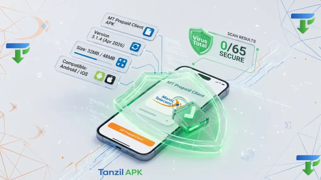 هاتف ذكي محمي بدرع أمان أخضر يعرض المواصفات التقنية لملف تطبيق MT Prepaid Client ونتائج فحص الأمان من VirusTotal التي تؤكد خلوه من الفيروسات.