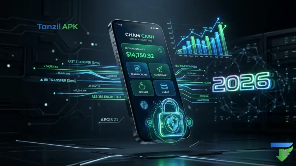 هاتف ذكي يعرض واجهة تحديث شام كاش 2026 أخر اصدار، يبرز ميزات الأمان المتقدمة مثل القفل الرقمي والرسوم البيانية التفاعلية لحماية الرواتب والمعاملات المالية.