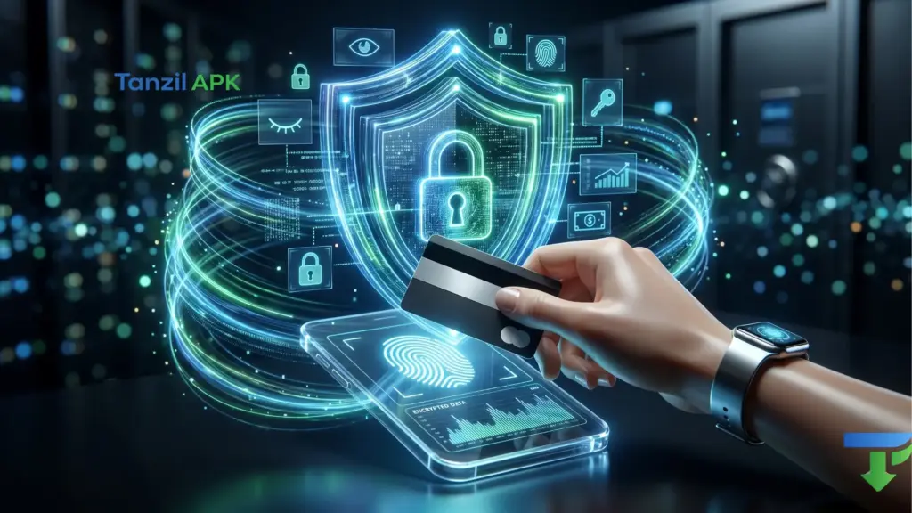 لقطة مقربة عالية الدقة ليد تستخدم بطاقة مالية على جهاز مسح بيومتري متطور، محاط برمز درع رقمي عملاق متوهج وأيقونات أمان مثل قفل ورمز تشفير، ترمز للأمان والخصوصية في المعاملات المالية.