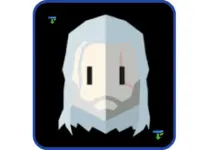 أيقونة تطبيق لعبة Reigns: The Witcher للهواتف الذكية. رسم مبسط بأسلوب هندسي مسطح (Flat Design) لوجه شخصية جيرالت أوف ريفيا، يظهر بشعره الأبيض والندبة على عينه اليسرى. الخلفية سوداء بإطار أزرق دائري الزوايا، مع وجود شعار تحميل صغير في الزوايا العلوية والسفلية.