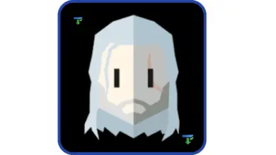 أيقونة تطبيق لعبة Reigns: The Witcher للهواتف الذكية. رسم مبسط بأسلوب هندسي مسطح (Flat Design) لوجه شخصية جيرالت أوف ريفيا، يظهر بشعره الأبيض والندبة على عينه اليسرى. الخلفية سوداء بإطار أزرق دائري الزوايا، مع وجود شعار تحميل صغير في الزوايا العلوية والسفلية.