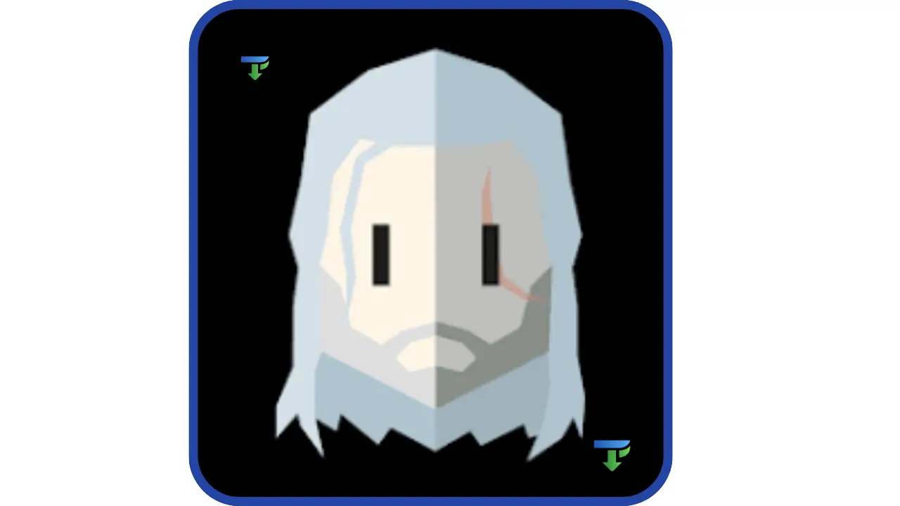 أيقونة تطبيق لعبة Reigns: The Witcher للهواتف الذكية. رسم مبسط بأسلوب هندسي مسطح (Flat Design) لوجه شخصية جيرالت أوف ريفيا، يظهر بشعره الأبيض والندبة على عينه اليسرى. الخلفية سوداء بإطار أزرق دائري الزوايا، مع وجود شعار تحميل صغير في الزوايا العلوية والسفلية.