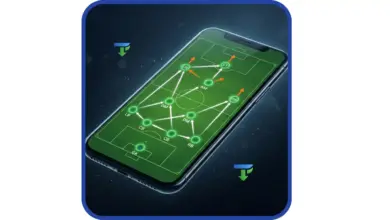هاتف ذكي ثلاثي الأبعاد يطفو بزاوية مائلة، يعرض على شاشته المضيئة ملعب كرة قدم وتشكيلة تكتيكية 4-2-3-1. يظهر في الشاشة نقاط مضيئة للاعبين، خطوط تمرير بيضاء، وأسهم حركة برتقالية بخلفية سينمائية داكنة.