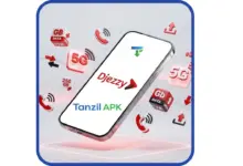 تحميل تطبيق جيزي الازرق تصميم ثلاثي الأبعاد 3D لهاتف ذكي حديث يعرض تطبيق جيزي Djezzy مع أيقونات طائرة لسرعة الـ 5G وبيانات الإنترنت، بأسلوب تقني مستقبلي باللون الأحمر والرمادي.