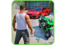 Gangster Miami Mafia Crime gameplay showing character with sports car and motorcycle in open world city environment on Android
