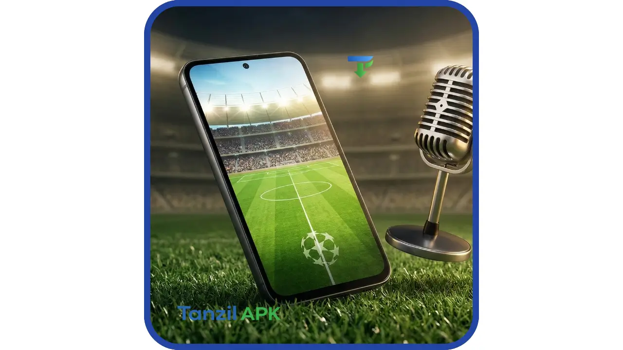 هاتف ذكي حديث يعرض واجهة لعبة كرة قدم خضراء بجوار ميكروفون إذاعي كلاسيكي على أرضية ملعب، يرمز لتجربة تحميل بيس 2017 للأندرويد مع إضافة تعليق فهد العتيبي الصوتي.