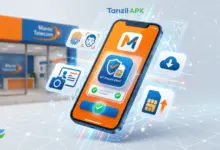 هاتف ذكي يعرض أيقونات تطبيق MT Prepaid Client وشريحة اتصال وبطاقة هوية رقمية مع خلفية لوكالة اتصالات المغرب، مما يمثل عملية التحميل وتوثيق الأرقام.