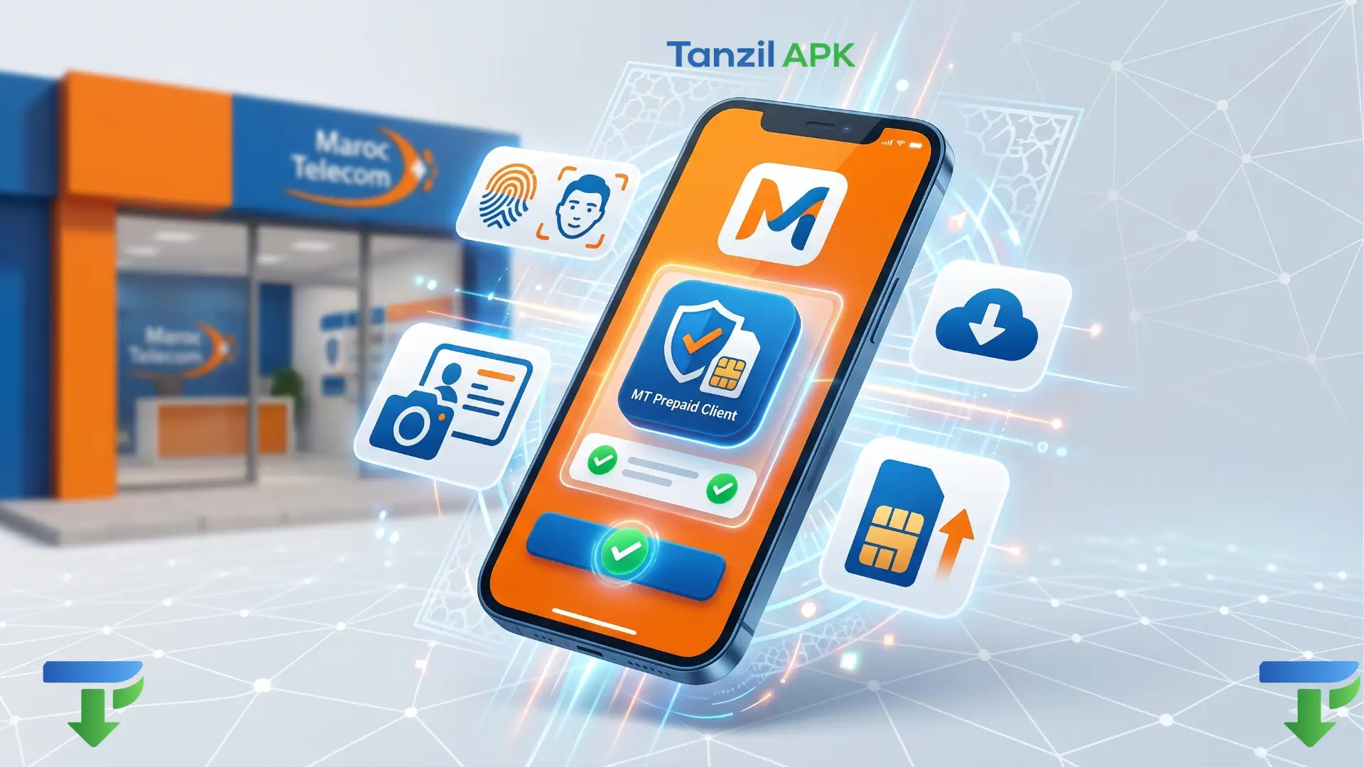 هاتف ذكي يعرض أيقونات تطبيق MT Prepaid Client وشريحة اتصال وبطاقة هوية رقمية مع خلفية لوكالة اتصالات المغرب، مما يمثل عملية التحميل وتوثيق الأرقام.