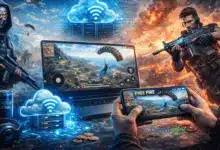 صورة توضح لعب فري فاير بدون تحميل على الهاتف والكمبيوتر عبر المتصفح باستخدام cloud gaming بدون تنزيل