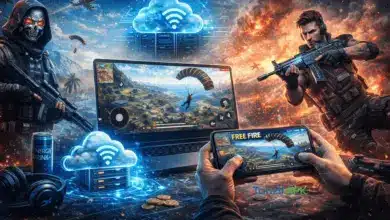 صورة توضح لعب فري فاير بدون تحميل على الهاتف والكمبيوتر عبر المتصفح باستخدام cloud gaming بدون تنزيل